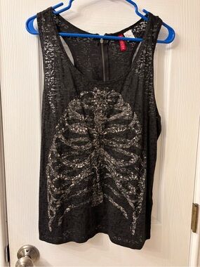 Divided Black Burnout Tank with Silver Ribcage Graphic